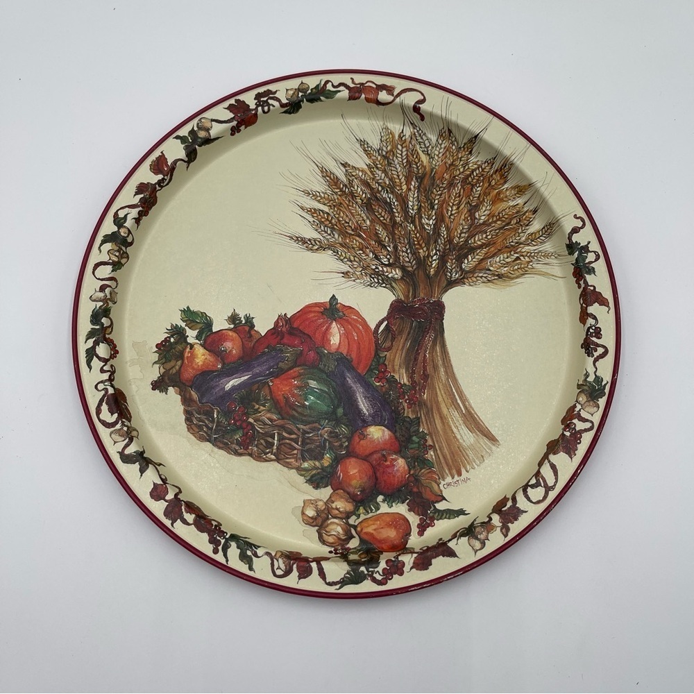 Vintage Potpourri Press Floral Round Tray Harvest Vegetable Basket 13.5” 1990